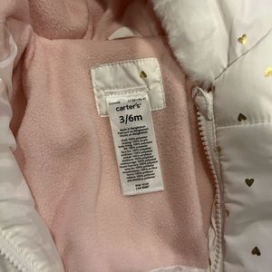 Carters snowsuit size 3-6 months. White with gold hearts.